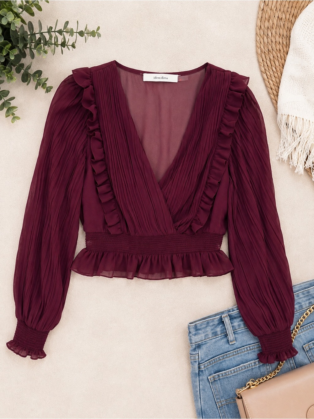 Idem Ditto Burgundy Pleated Ruffle Wrap Blouse Size Medium